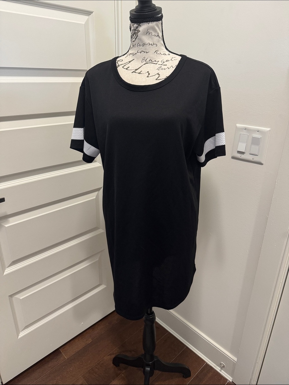 Black Tee Dress with White Sleeve Stripes